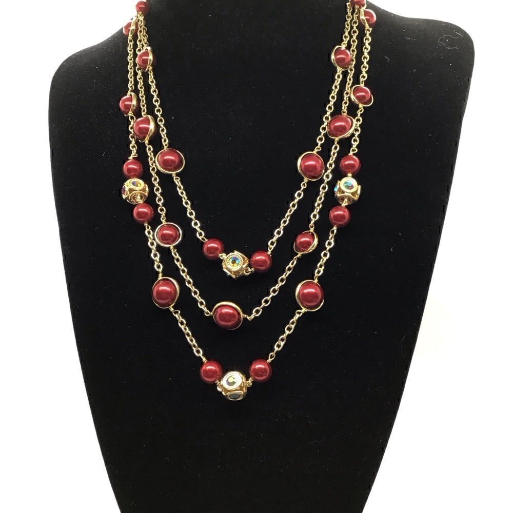Coldwater Creek Gold Toned Triple Strand Necklace with Red Beads